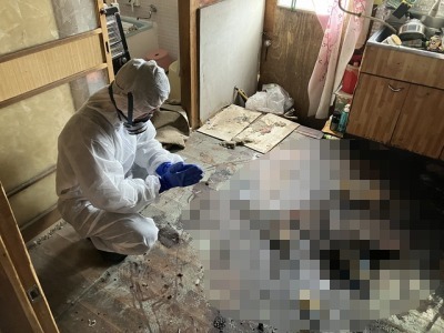 孤独死現場で手を合わせている清掃員